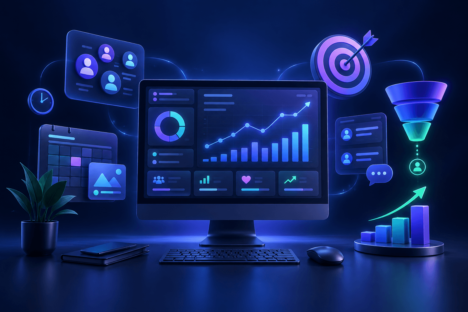 Digital marketing dashboard surrounded by audience, targeting, and growth tools